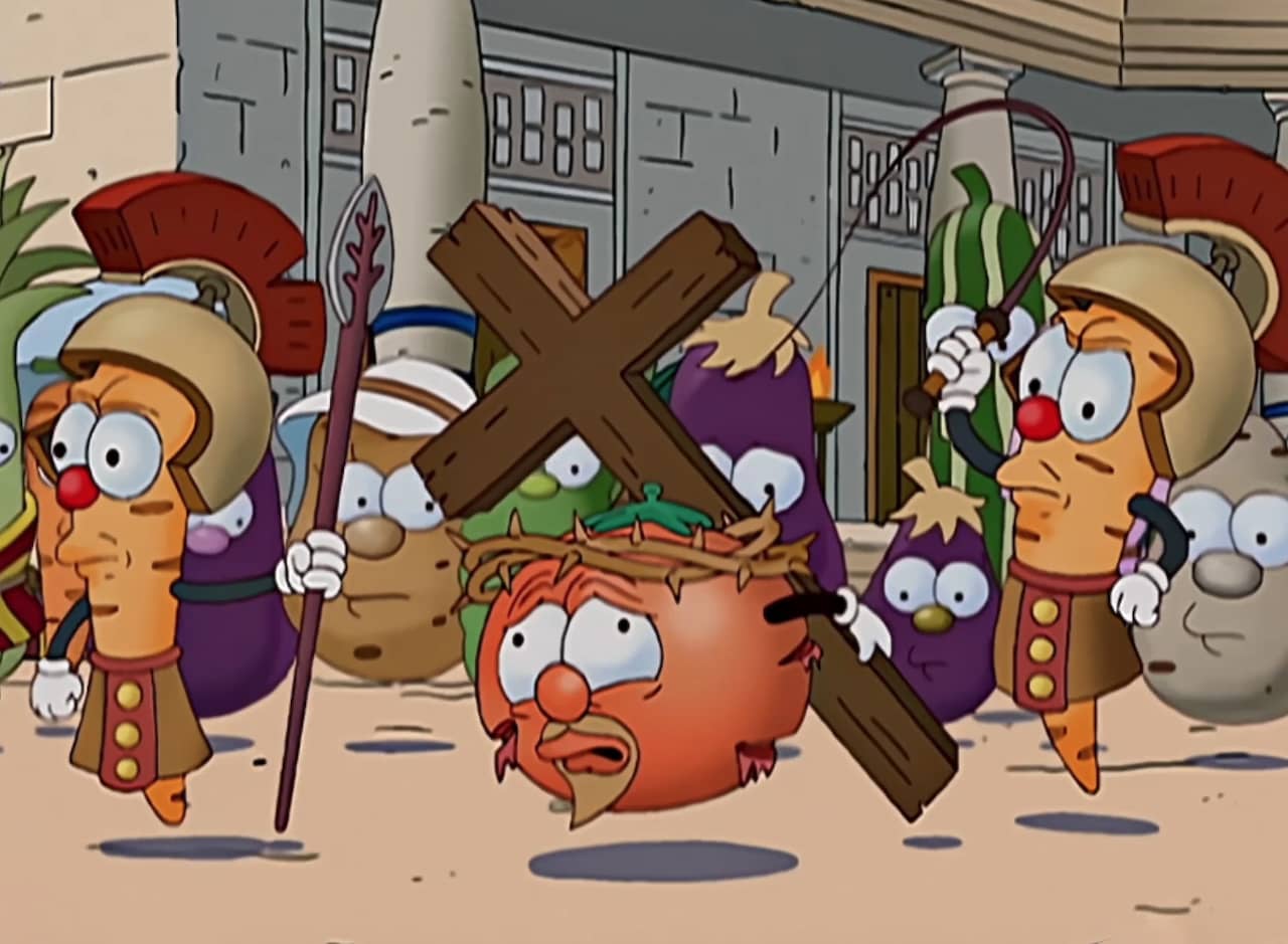 tomato Christ carrying the cross with carrot Roman soldiers