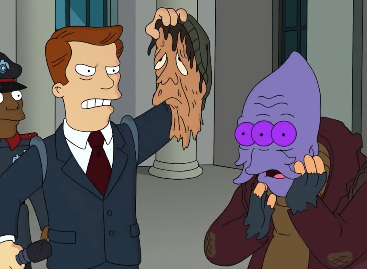 a man holds a droopy human face in his hands and the homeless man is revealed as a three-eyed purple alien