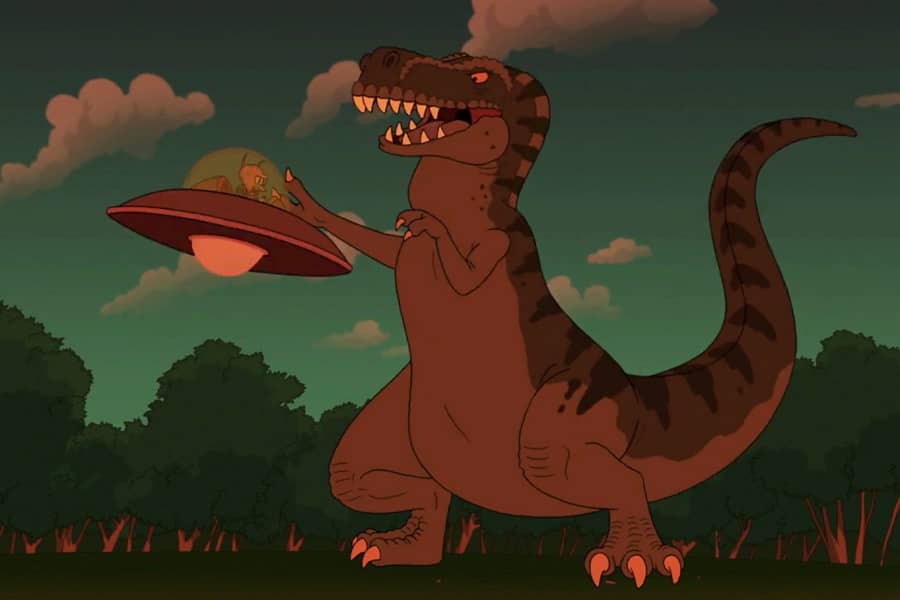 a tyrannosaurus rex fights an alien spaceship