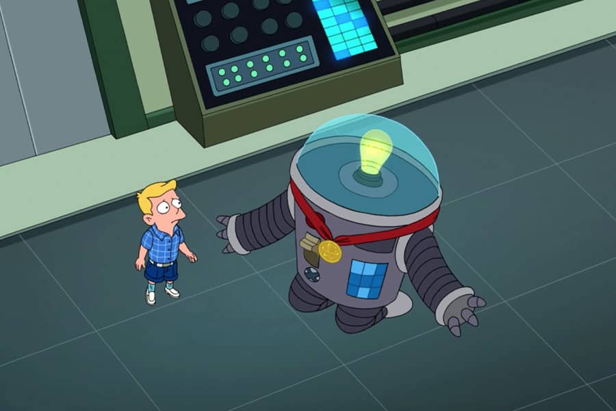 a robot wearing a medal cries out in anguish next to a human boy