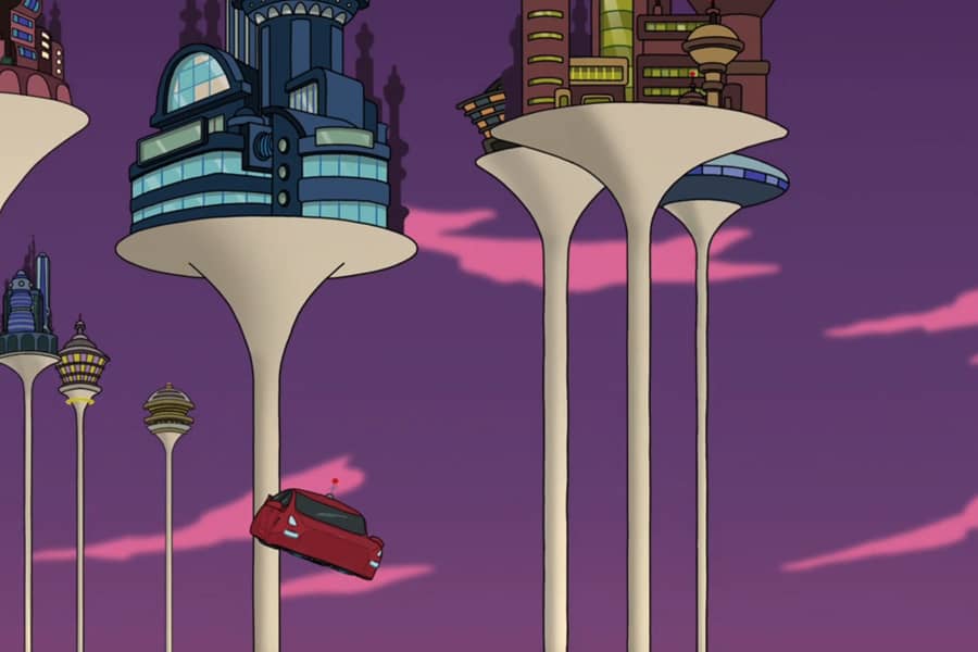 flying car in a futuristic city on stilts
