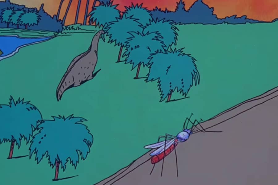 full mosquito on a tree branch, a dinosaur is below