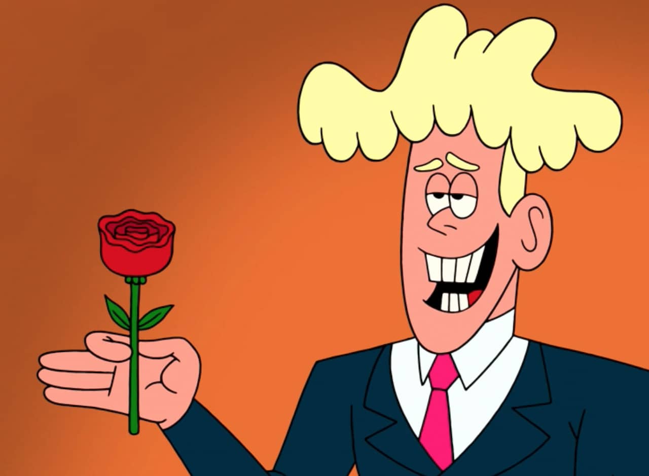 man with poofy blonde hair holding a rose