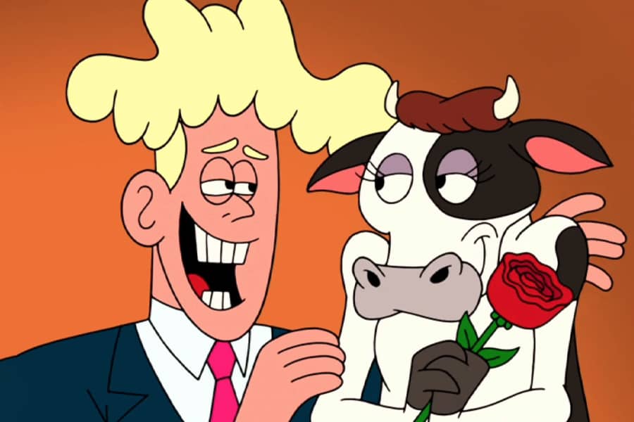 the blonde man gave the cow the rose
