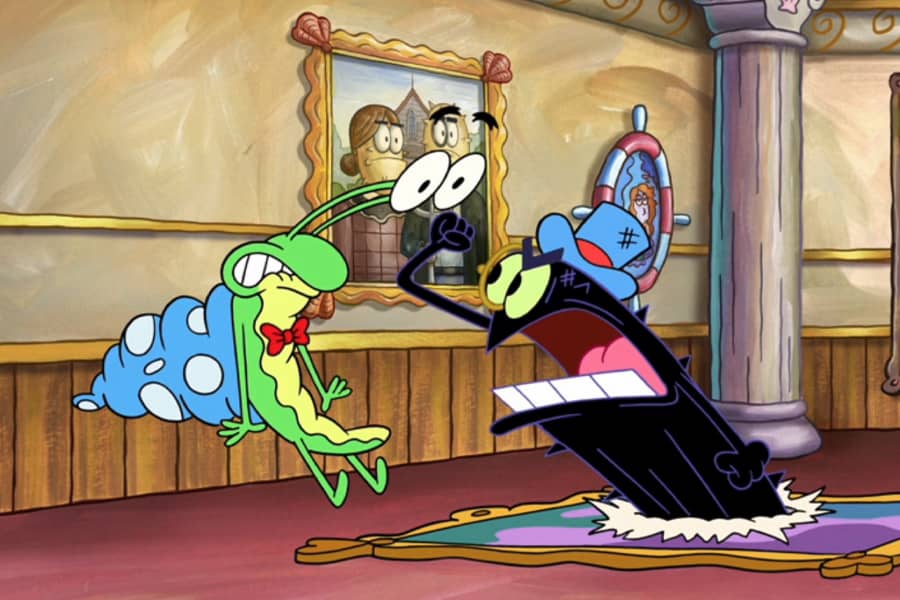 Sir Urchin yelling at Snail Fail from a ripped hole in a painting