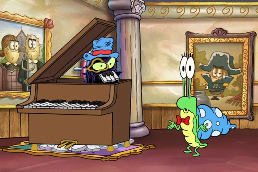 Snail Fail shrugging next to Sir Urchin, beat up inside a piano