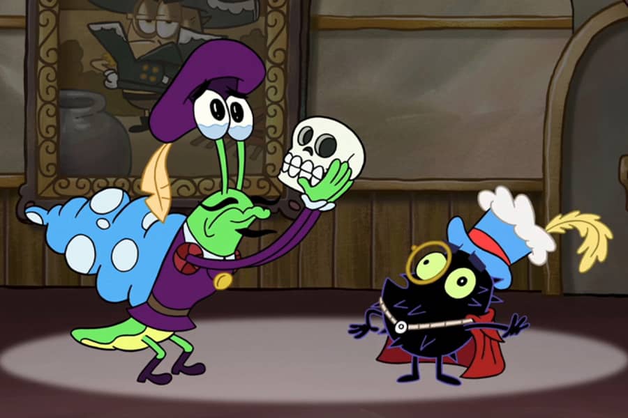 the duo dressed in Shakespearean clothes; Snail Fail holding a skull and crying