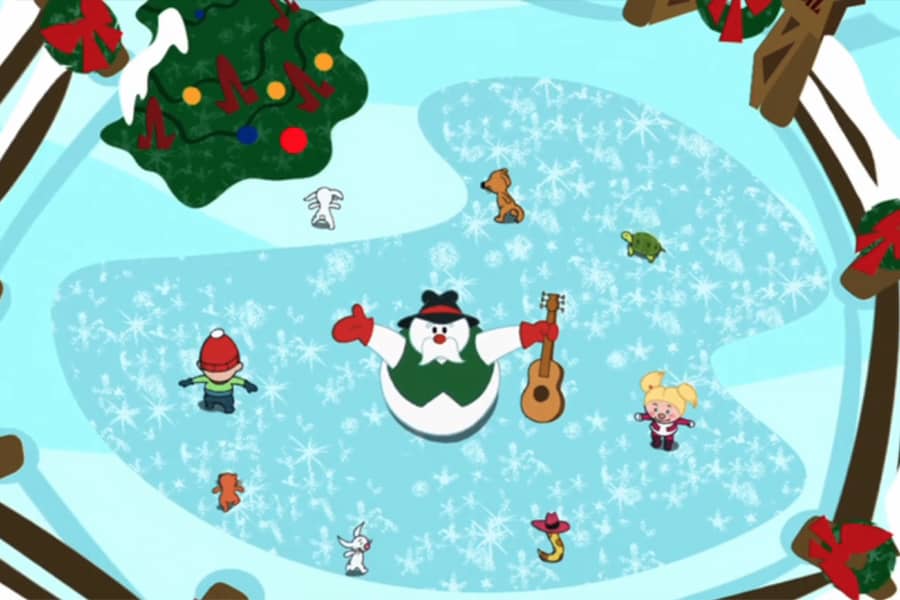 aerial shot of Snowman Hank and the dancing kids
