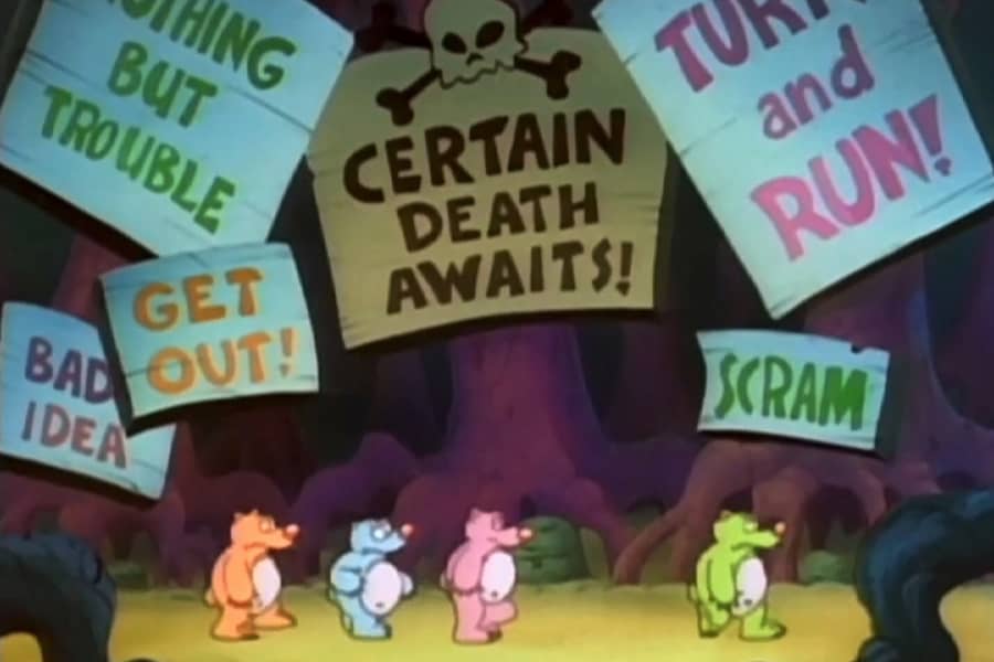 the Bearz walking through the woods with huge warning signs that say things like “Certain death awaits!”