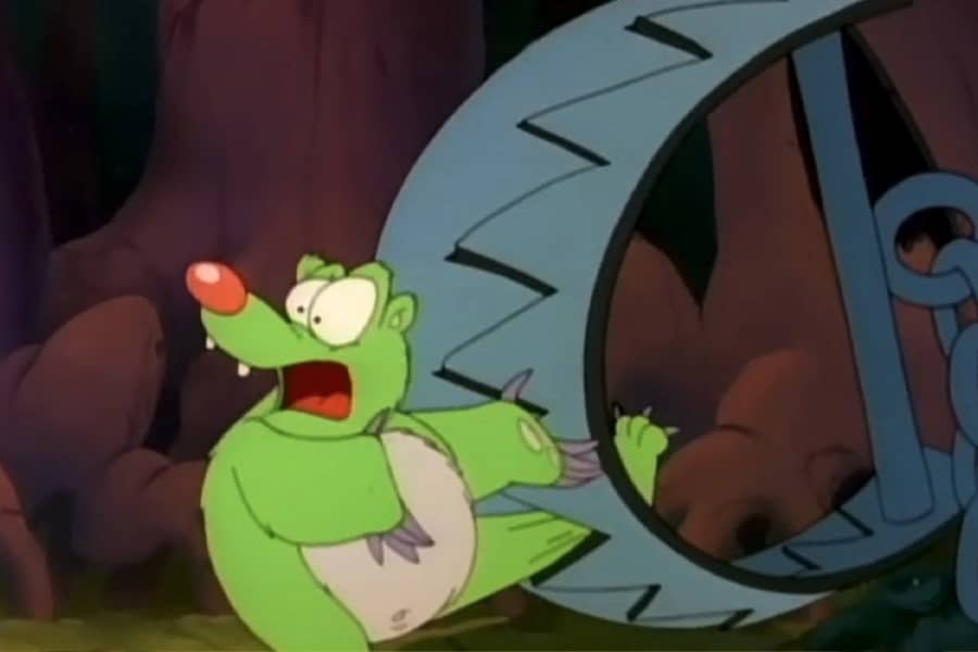 Pierre with his foot stuck in a giant bear trap