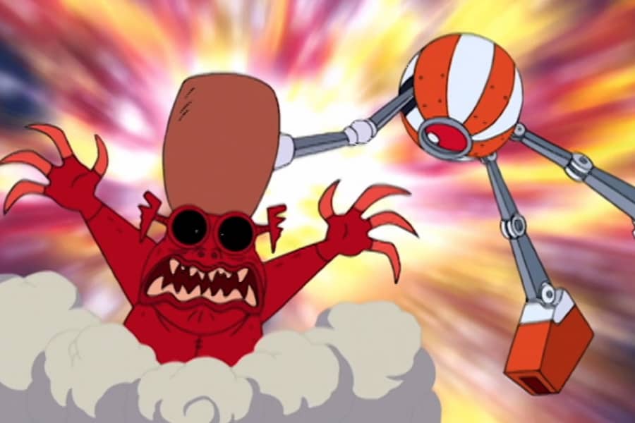 their team-up robot hitting a monster with a huge hammer