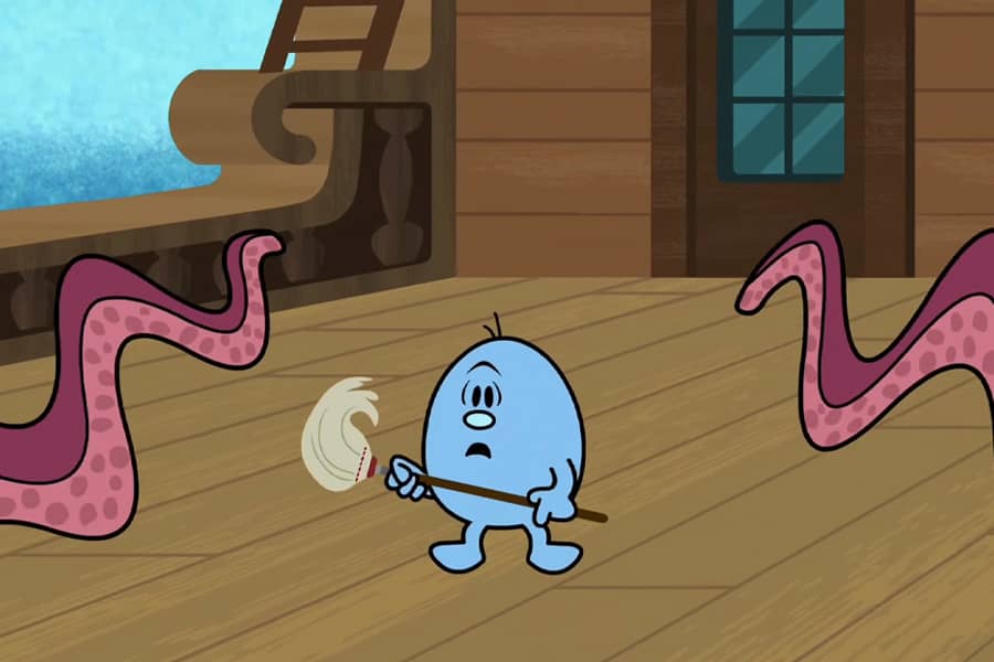 a guy holds a mop as two huge tentacles reach out for him