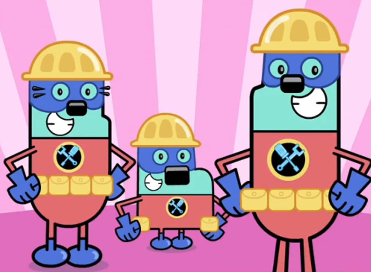 The Super Fixers, three masked people with hard hats and toolbelts