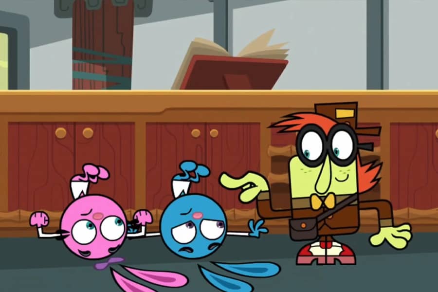 wacky neighbor Corky standing next to Yin and Yang, who are upside down on the floor