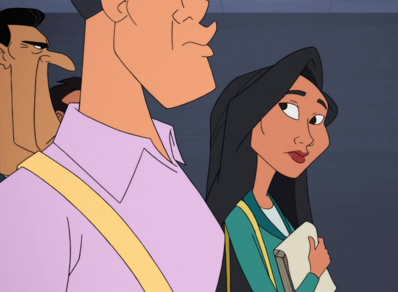 Korean woman looking up longingly at a man in an elevator