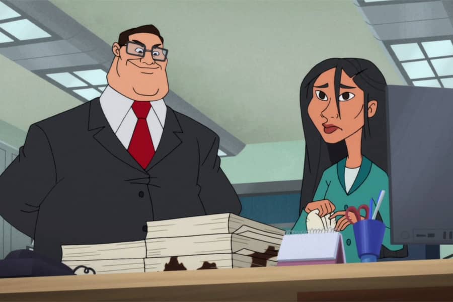woman is dejected as her boss drops a stack of papers on her desk
