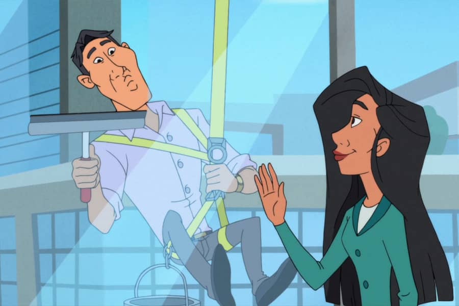 woman waves at the man from the elevator who is outside cleaning the window
