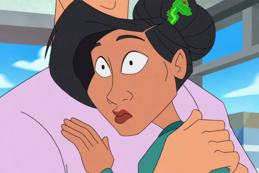 the woman is leaning on the man’s chest and her eyes are wide with surprise