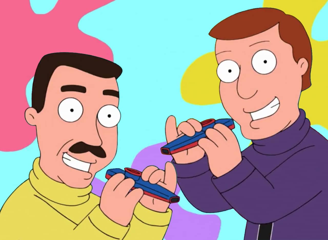 two men in turtlenecks playing kazoos
