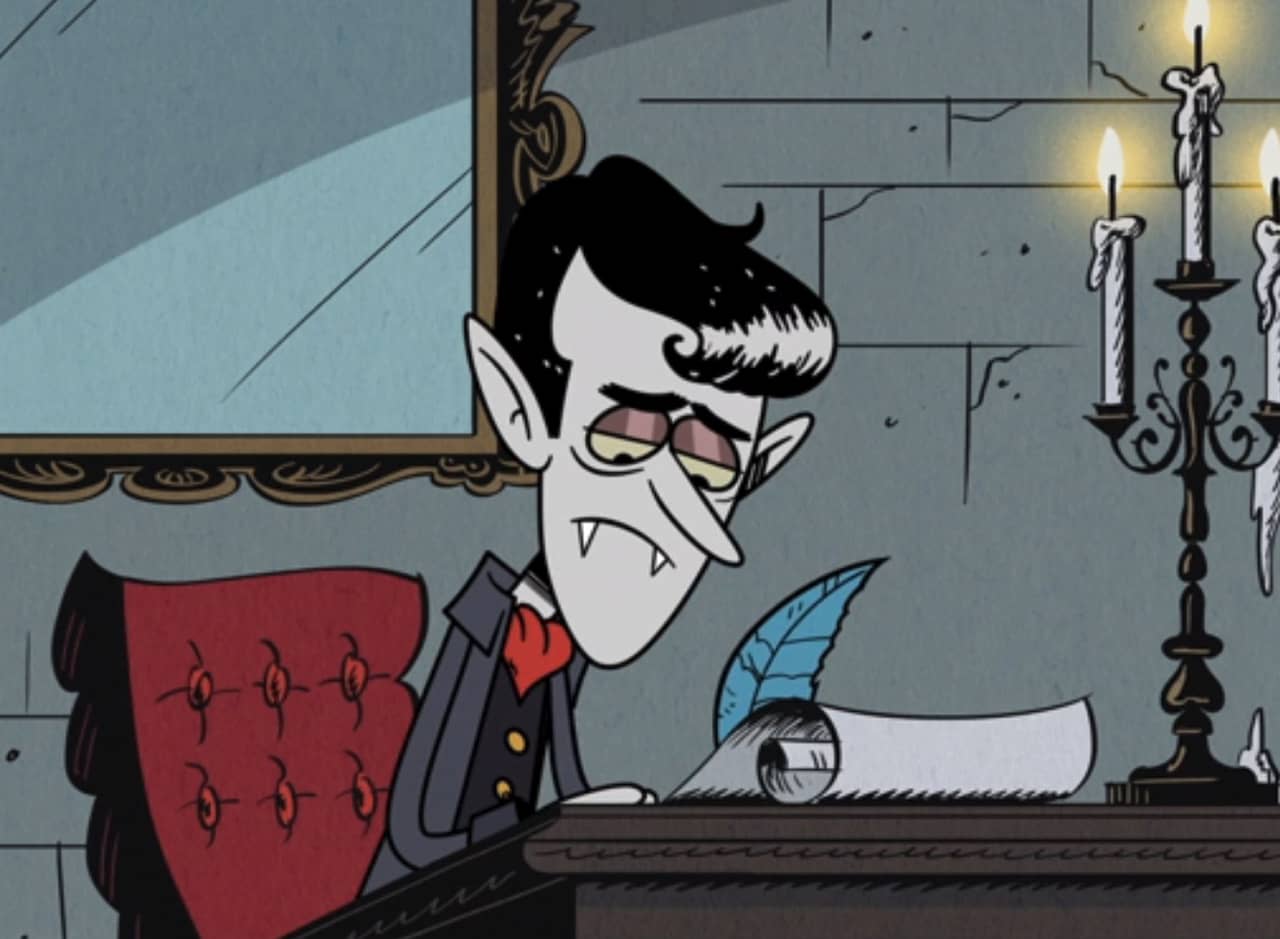 Edwin, a sad vampire, writes a letter with a quill by candlelight
