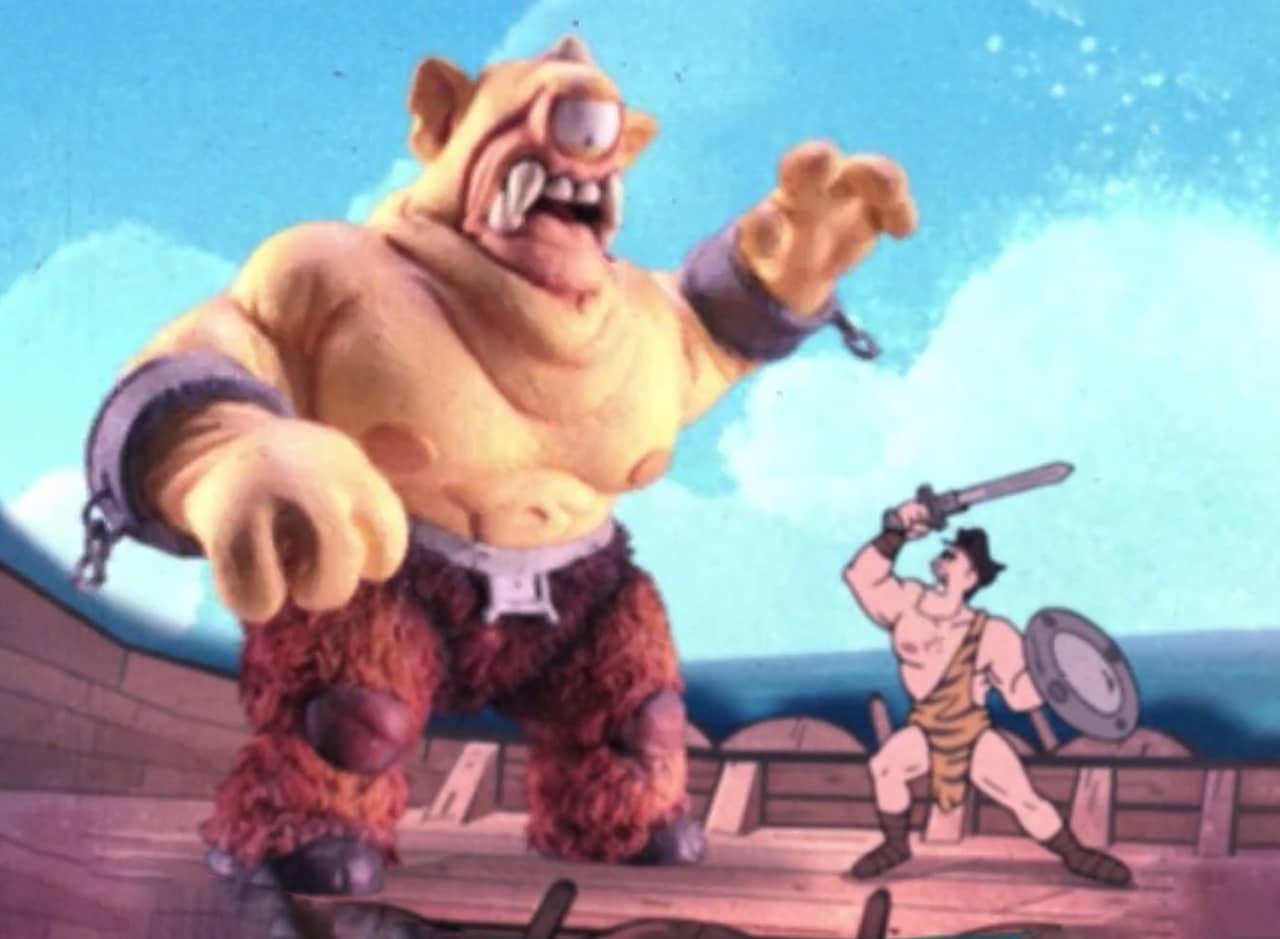 hero in a loin cloth holding a shield and sword faces off against a giant cyclops