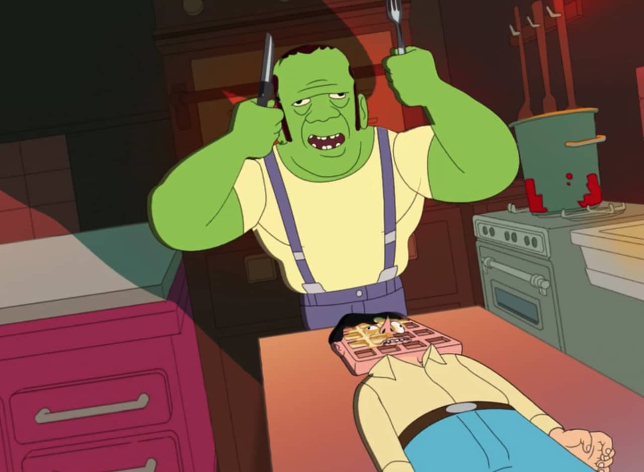 the Waffler, a green monster man, about to eat a man whose face has been waffled