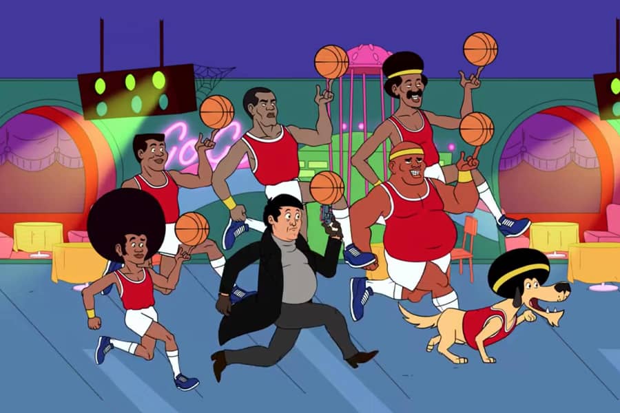the Worldtravelers, Colt Luger, and Afro Dog running through a discotheque