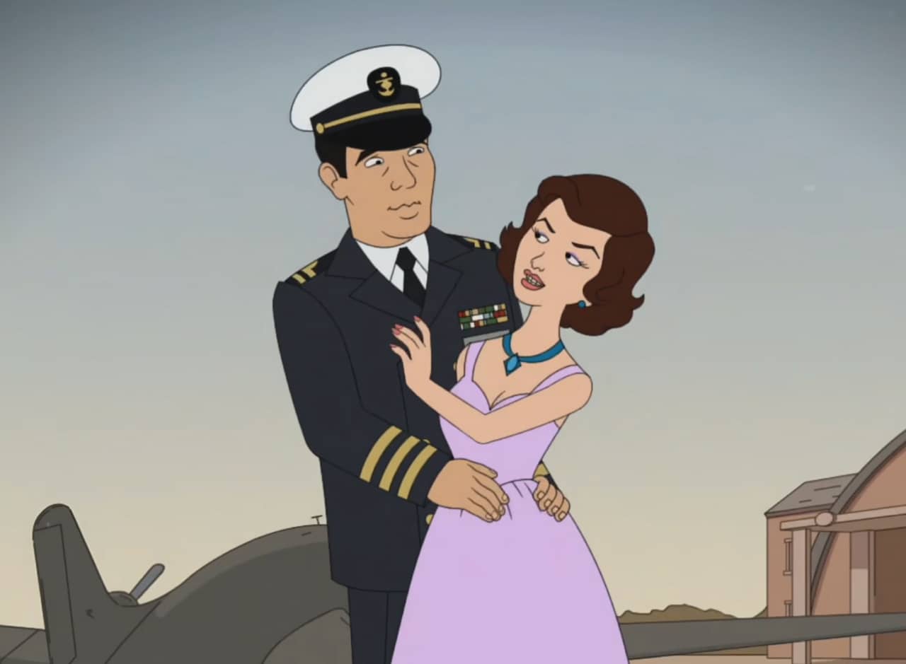 airplane captain embracing a woman