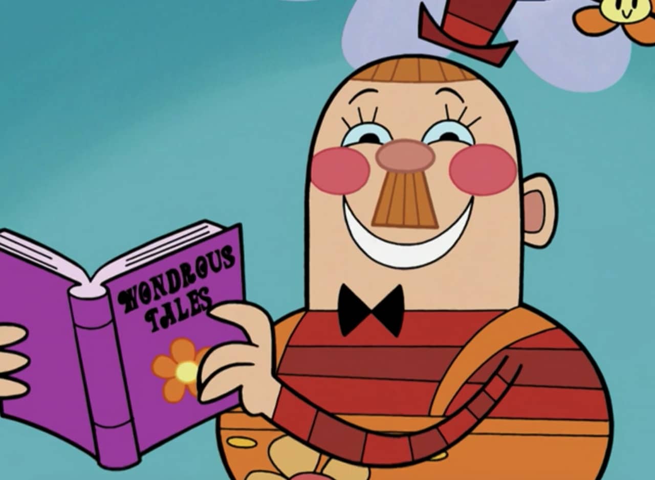 Whimsical Willy, a mustached man wearing suspenders, a bowtie, and a tiny top hat, reads a book of wondrous tales