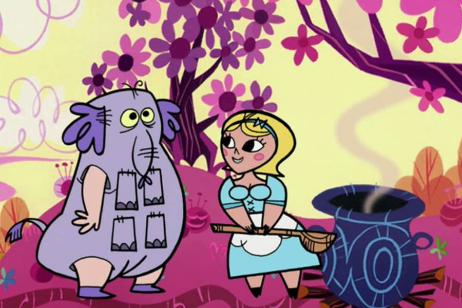 a man in a purple elephant costume speaks with a blond woman in a maid’s uniform