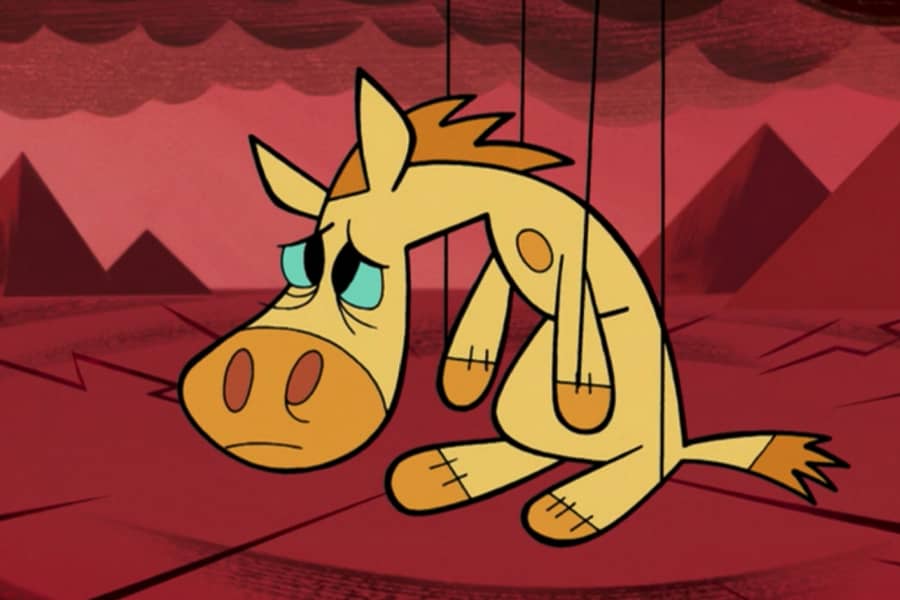 a very sad puppet horse