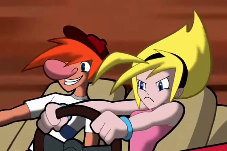 Mallory and Brandon racing in a car