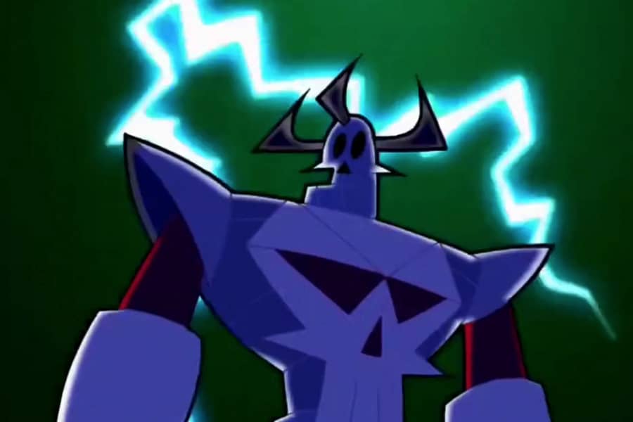 skull mecha guy with lightning behind