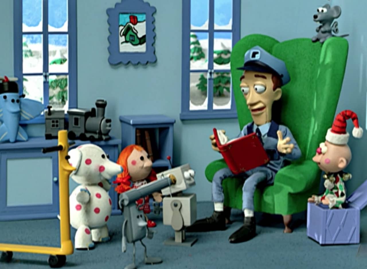 stop motion-style animated scene with a mailmain reading a story to a bunch of toys 