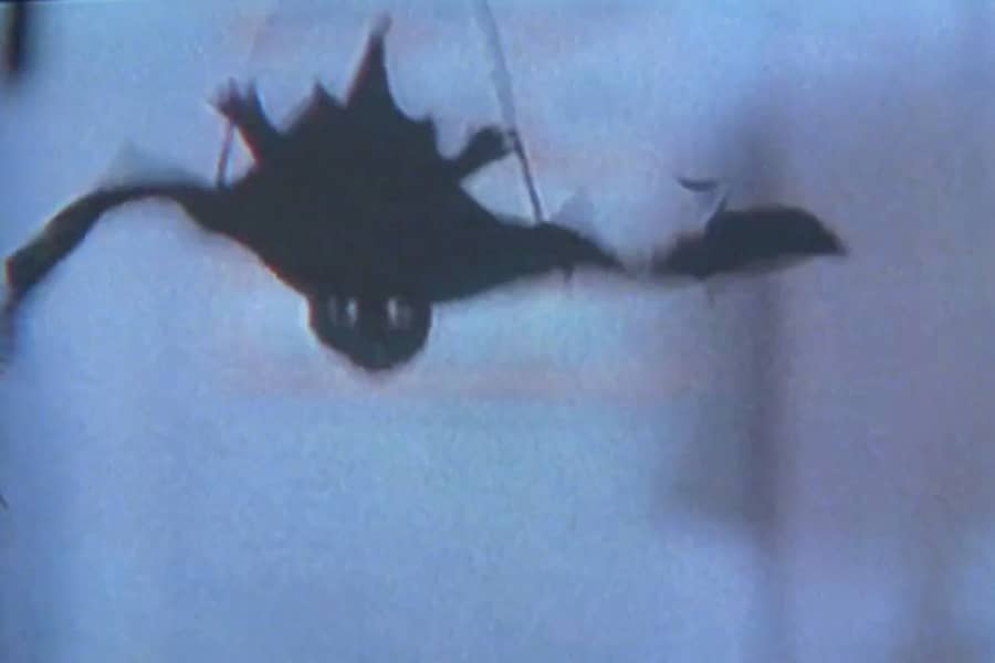a bat on strings flapping its wings