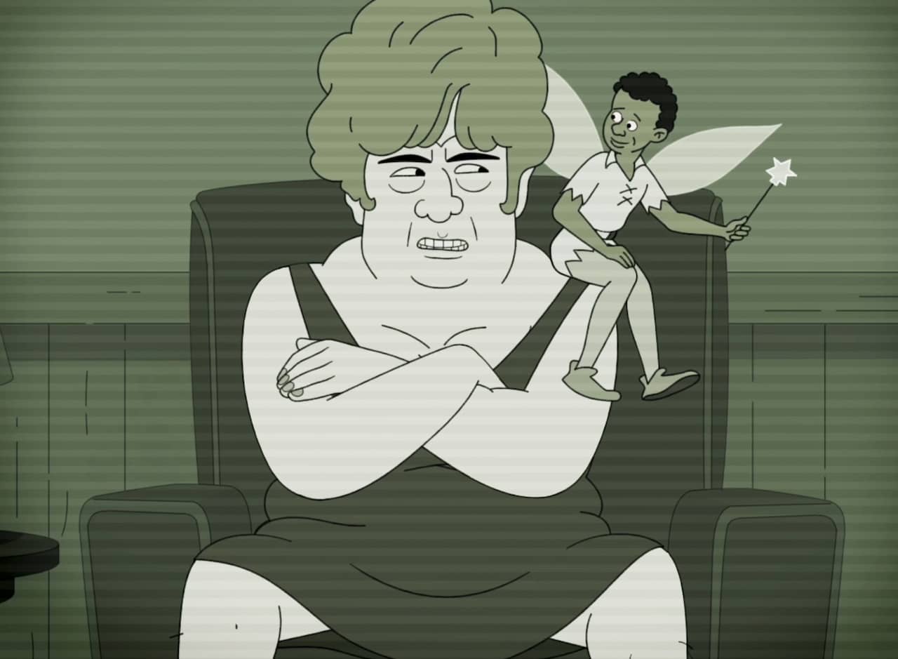 old white guy with a Black fairy on his shoulder