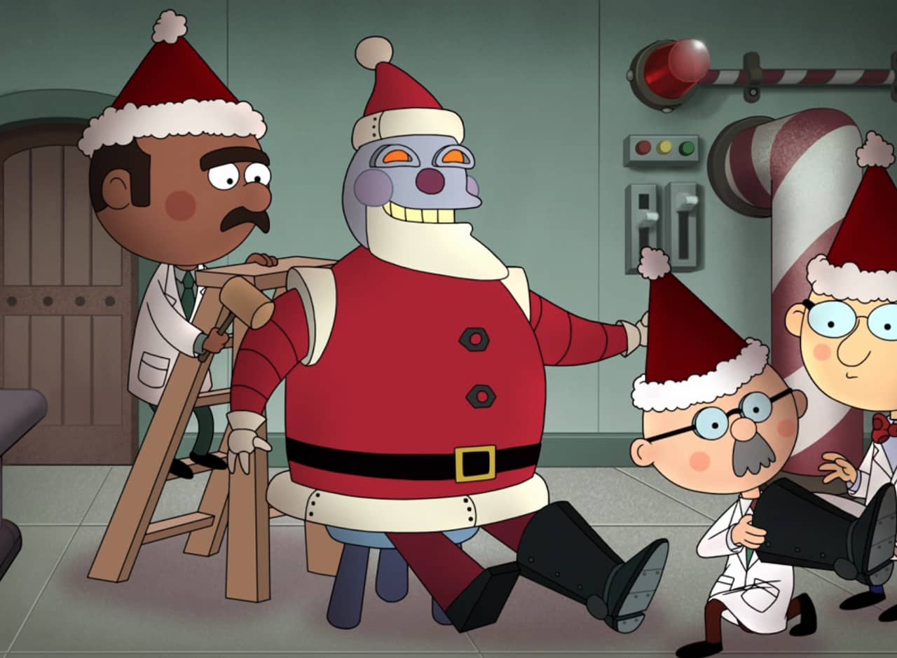 Robot Santa getting put together by a team of scientists