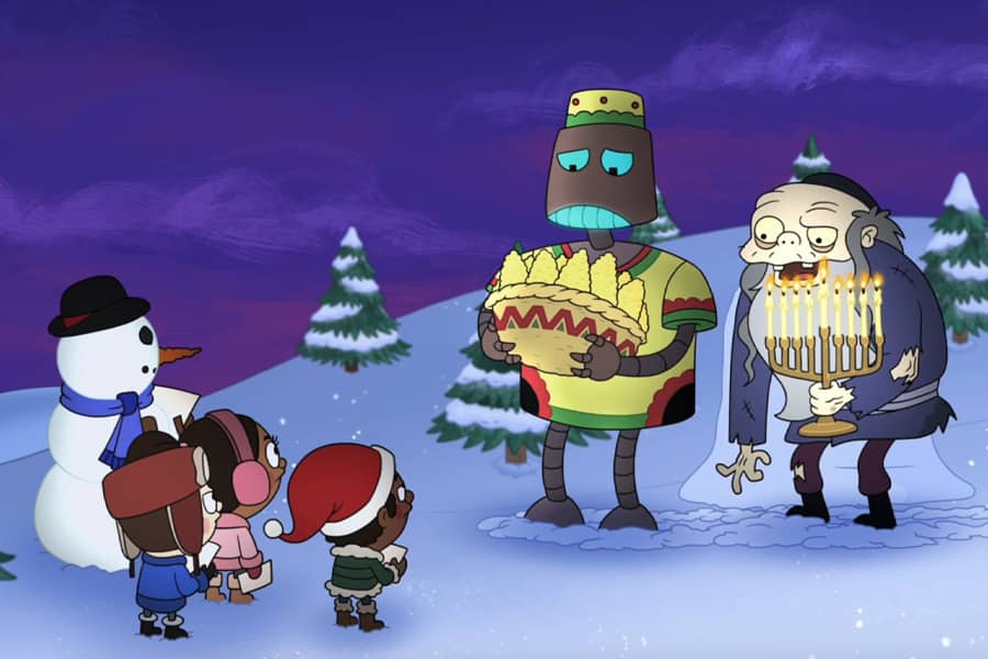Kwanzaabot and Chanukah Zombie talking to some kids in the snow