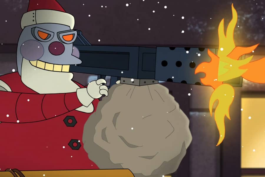 Robot Santa shooting a huge gun with fire coming out the end