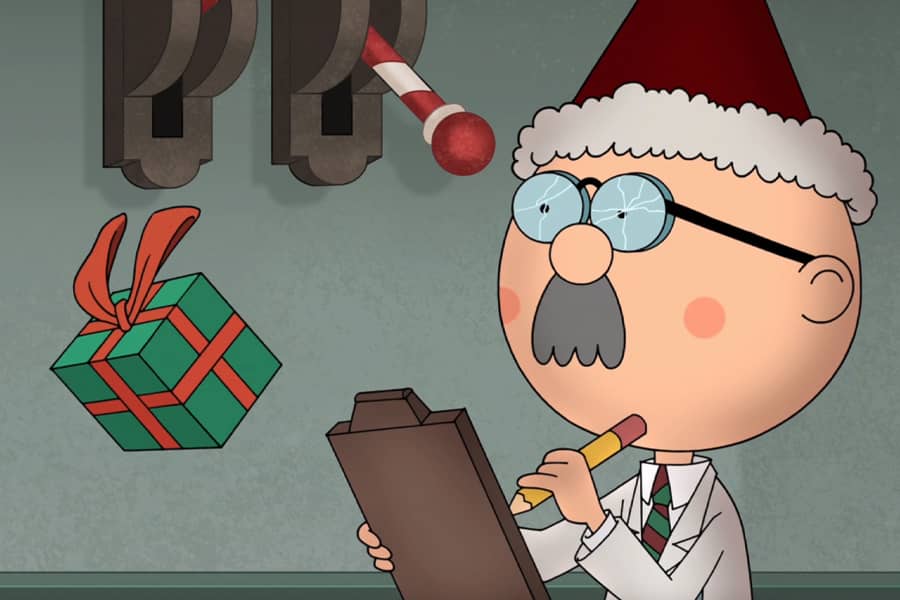 scientist with cracked glasses, a boxed gift flying through the air