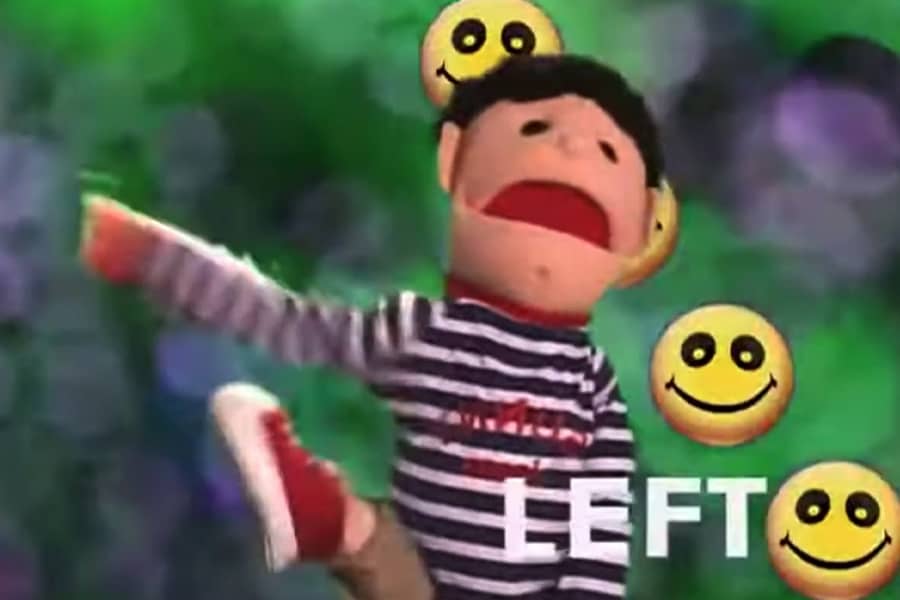 the puppet raises his foot and the word “Left” scrolls across the bottom