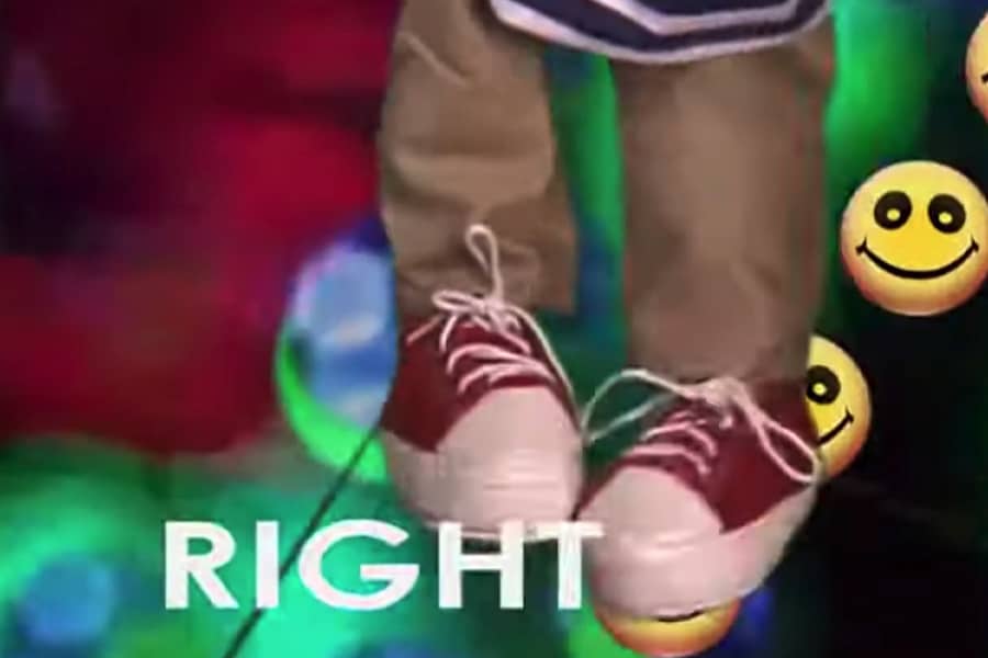 the puppet’s feet and the word “Right”