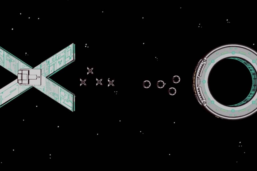 in space, two giant ships shaped like an X and an O release smaller X and O ships