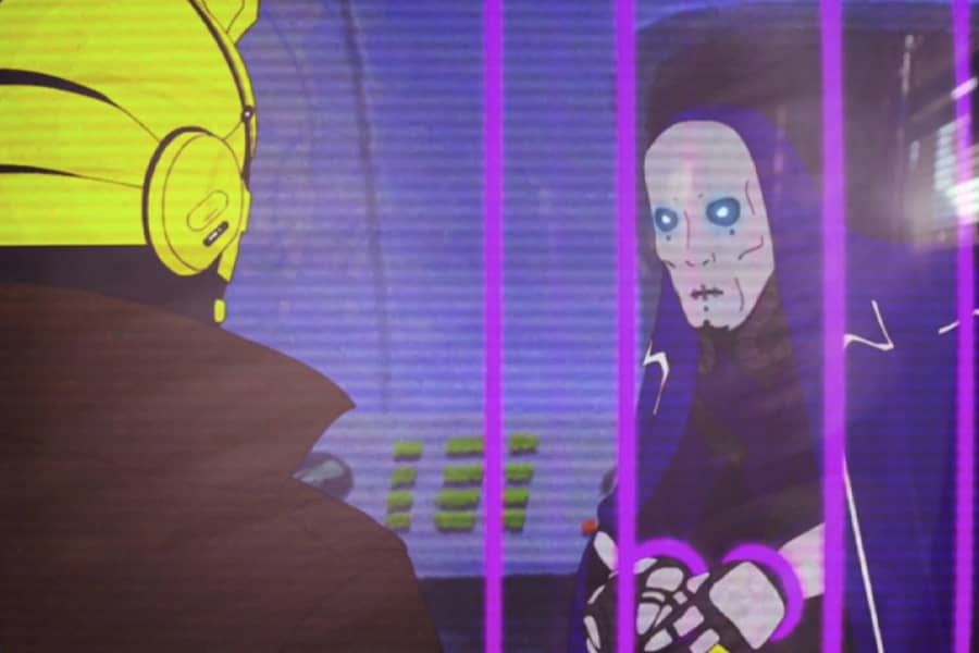 Time Ryder and a villain in a purple light jail