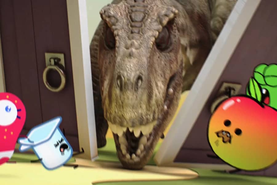 Tina the dinosaur, a realistic T-Rex, slamming through the barn door