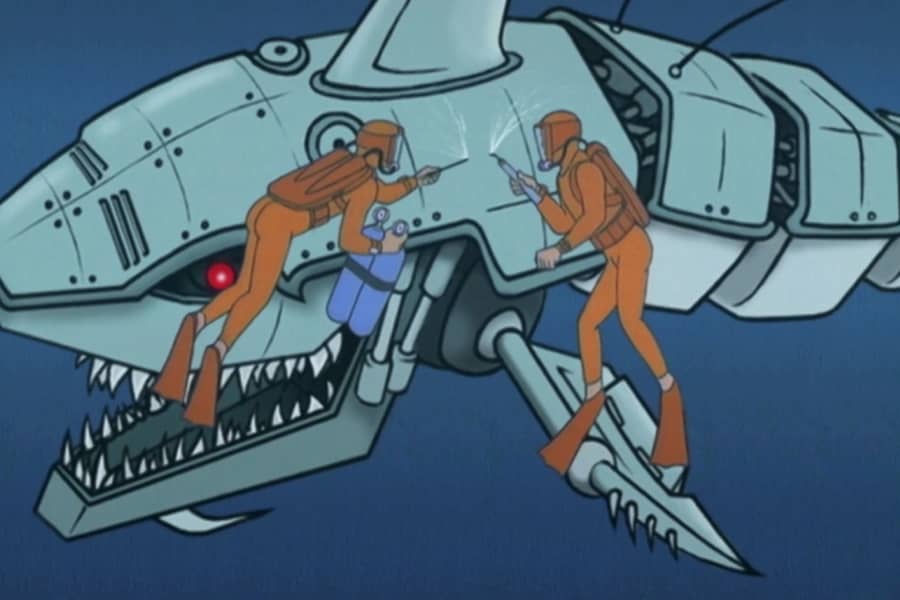 two divers weld a robot shark
