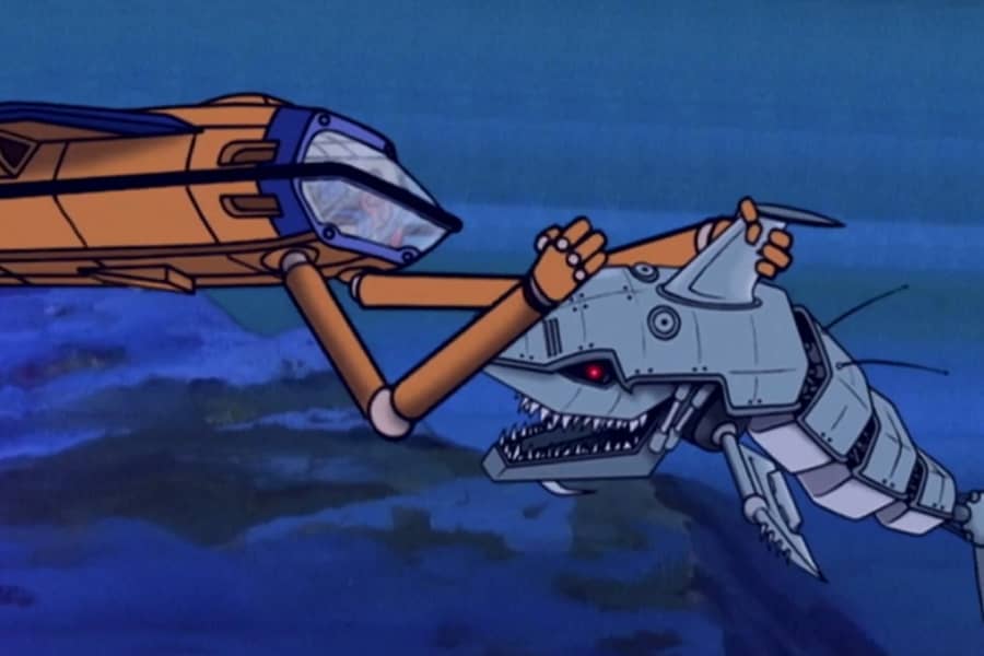 a submarine with long arms wrestles with the robot shark