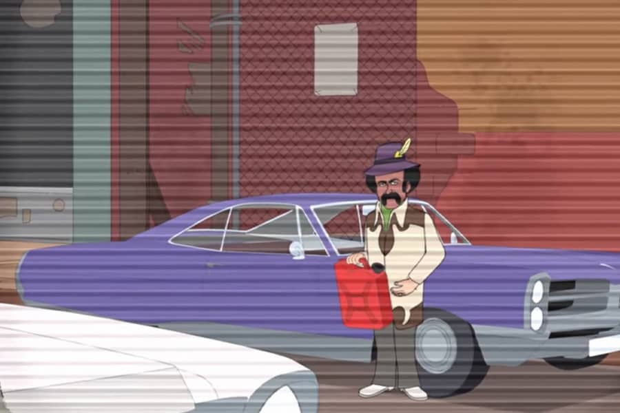 Black man wearing a fancy hat and holding a gasoline can in front of a purple car