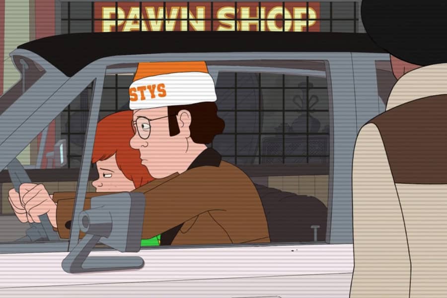 Black man standing by the open window of a car with a white man and boy in the car, avoiding eye contact