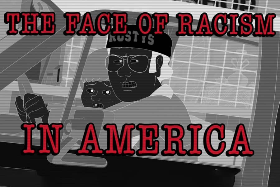 black and white, inverted freeze frame of the white people in the car with text overlay that says, “the face of racism in America”